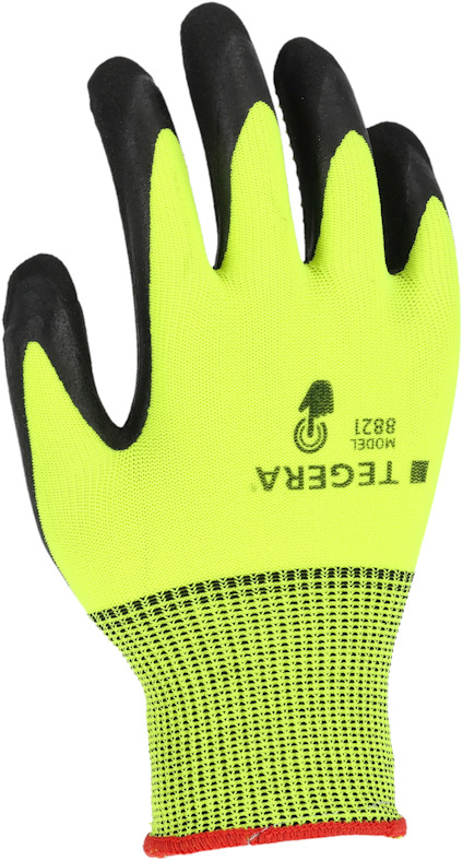 Arbetshandske i neonfärg med svart grepp, märkt "TEGERA MODEL 8821".