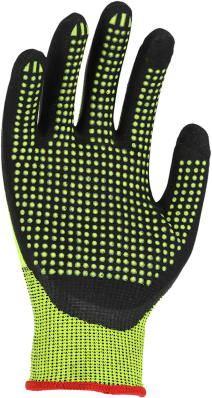 Svart handske med gula prickar på insidan av fingrarna och handflatan, röd kant vid handleden.