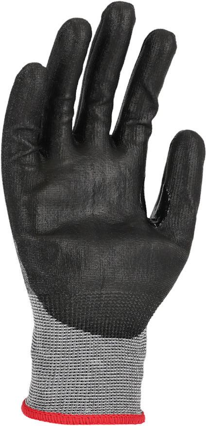 Svart handske med grå textil vid handleden och röd kant.
