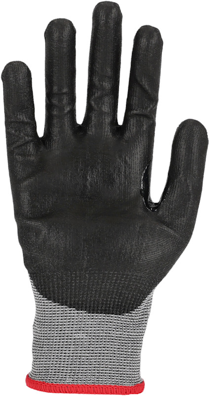 En svart handske med grått handlovsparti och röd kant.