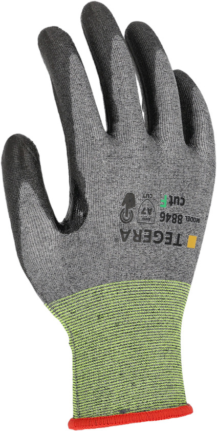 Arbetshandske med grå- och svartfärgad textil samt grönt och rött muddband, märkning "Tegera 8846".