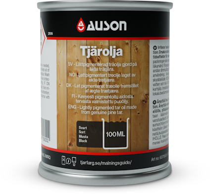 Burk med texten " Auson Tjärolja Pigmenterad", med bild på träbrygga och utemöbler. Textbeskrivning och produktinformation tryckt på framsidan.