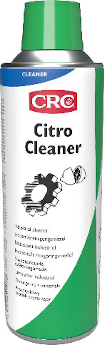 Sprayflaska med grön etikett och texten "CRC Citro Cleaner", samt symboler för kugghjul och citron.