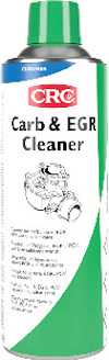 Grön och vit sprayburk märkt "CRC Carb & EGR Cleaner" med bild av komponent och textinstruktioner.