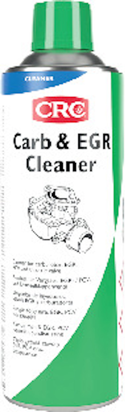 Grön och vit sprayburk märkt "CRC Carb & EGR Cleaner" med bild av komponent och textinstruktioner.