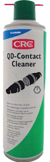 Sprayburk med etiketttext "CRC QD-Contact Cleaner" och illustration av elektroniska kontakter. Grön och vit design.