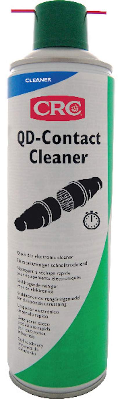 Sprayburk med etiketttext "CRC QD-Contact Cleaner" och illustration av elektroniska kontakter. Grön och vit design.