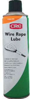 Sprayburk med etikett "Wire Rope Lube" och flera språk. Grön och orange design.