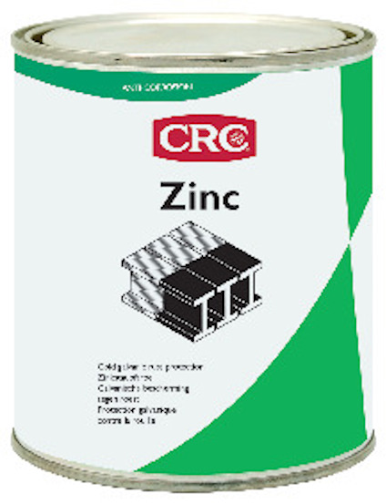 En burk med etikett "CRC Zinc" och illustration av metallbalkar, omgiven av grön och vit grafik.