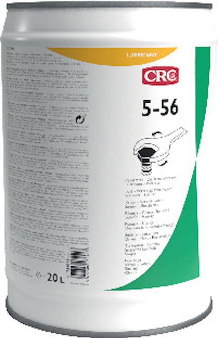 Vit behållare med etikett "CRC 5-56" och text på flera språk. Volymangivelse 20L syns längst ner.
