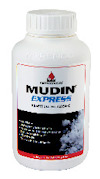 Vit plastflaska med etiketten "MUDIN EXPRESS KRAFTFULL FETTLÖSARE" och en bild av skum.
