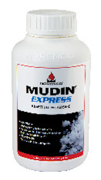 Vit plastflaska med etiketten "MUDIN EXPRESS KRAFTFULL FETTLÖSARE" och en bild av skum.