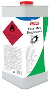 Rektangulär vit dunk med röd skruvkork. Etikett med flampunktsvarning och texten "CRC Fast Dry Degreaser 5L".
