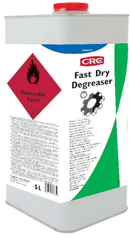 Rektangulär vit dunk med röd skruvkork. Etikett med flampunktsvarning och texten "CRC Fast Dry Degreaser 5L".