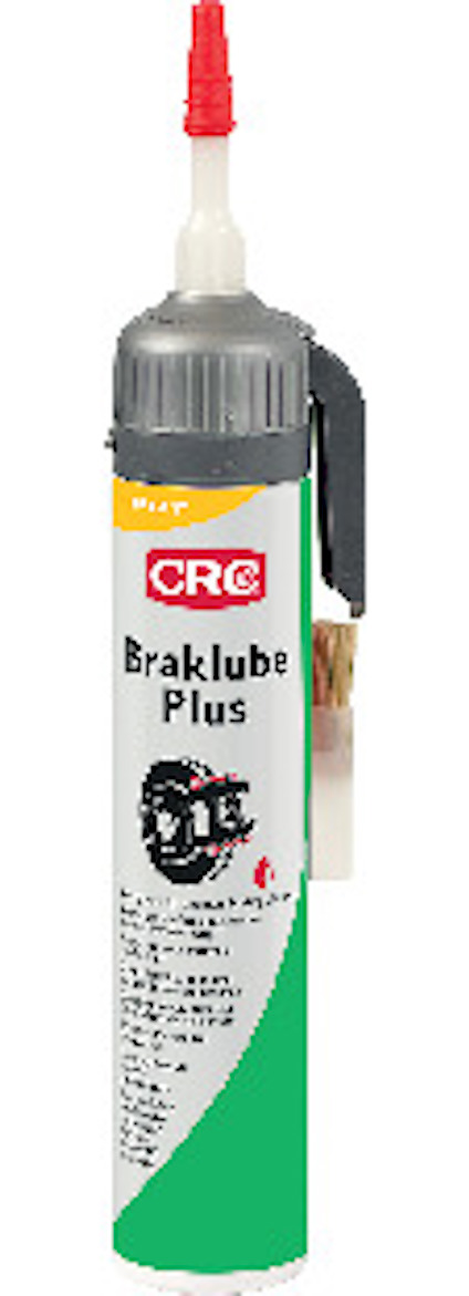 Förpackning med bromsfett, etikett med text "CRC Braklube Plus", bild på bromsdel och applikatorborste fäst vid sidan.