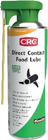 Aerosolsprayburk med grön och vit etikett, märkt "CRC Direct Contact Food Lube", med en grön spraytopp och gul plaströr.