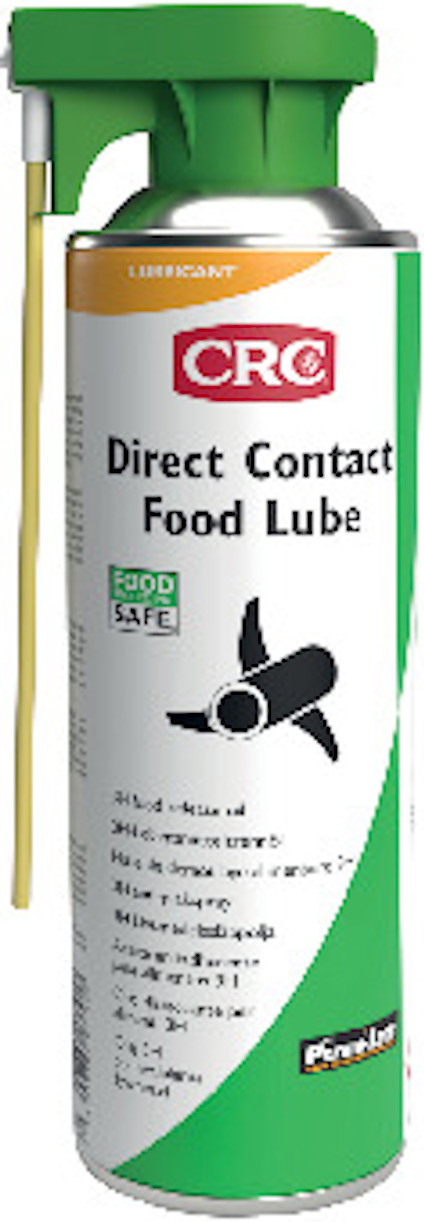 Aerosolsprayburk med grön och vit etikett, märkt "CRC Direct Contact Food Lube", med en grön spraytopp och gul plaströr.