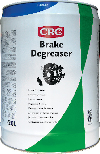 Hink med etikett "CRC Brake Degreaser", innehållande bromsrengöringsmedel, 20 liters volym.