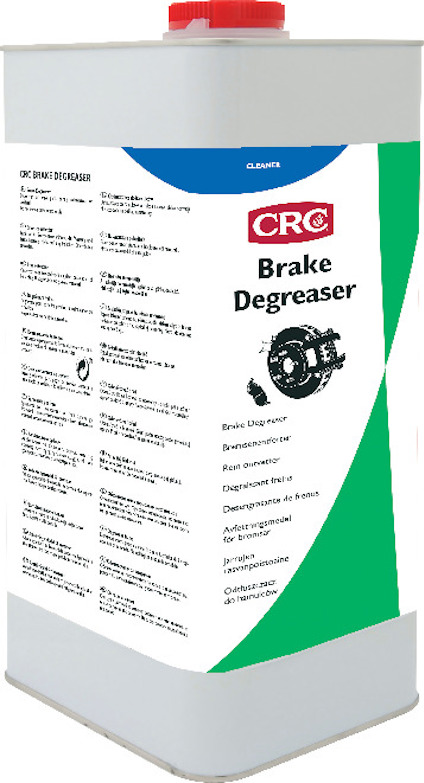 Rektangulär behållare med etikett "CRC Brake Degreaser" och text på flera språk.