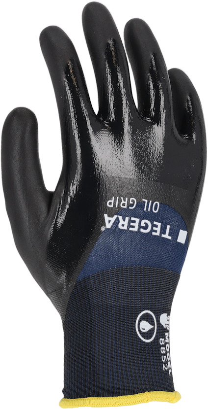 Svart och mörkblå handske med texten "TEGERA OIL GRIP 8827".