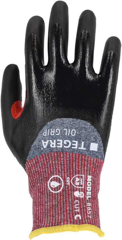 Skyddshandske med svart oljegripande yta, röd och blå mudd med vit text "Tegera Oil Grip" och symboler.