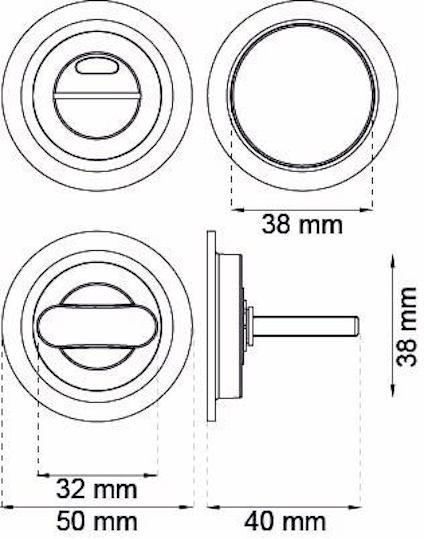 Ritning av dörrlås med mått: 38 mm diameter, 50 mm bredd, 40 mm längd, 38 mm höjd.