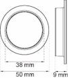 Diagram över en cirkulär objekt med måtten 50 mm diameter, 9 mm djup, och ett innermått av 38 mm.