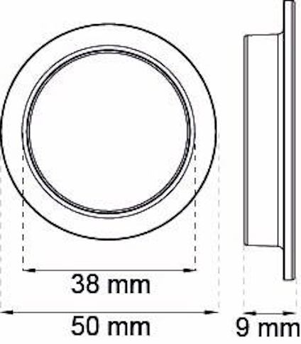 Diagram över en cirkulär objekt med måtten 50 mm diameter, 9 mm djup, och ett innermått av 38 mm.