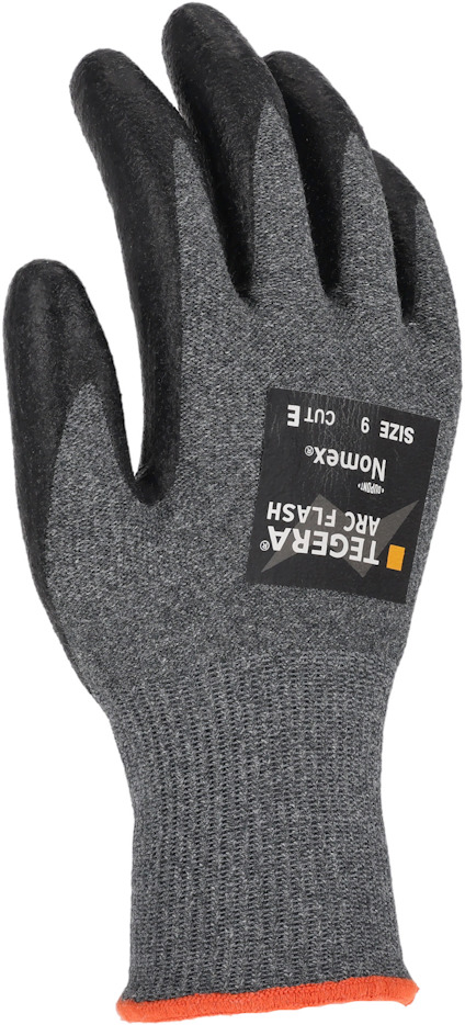 Svart och grå handske med orange kant, märkning: "TEGERA ARC FLASH, NOMEX, SIZE 9 CUT E".