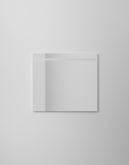 Spegel med inbyggd belysning och minimalistisk design mot grå bakgrund.