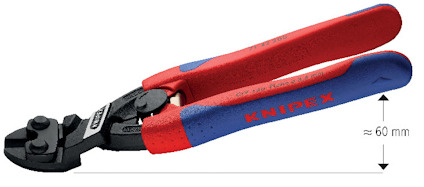 Tång med röd-blått ergonomiskt handtag och svarta käftar, märkt med "Knipex".