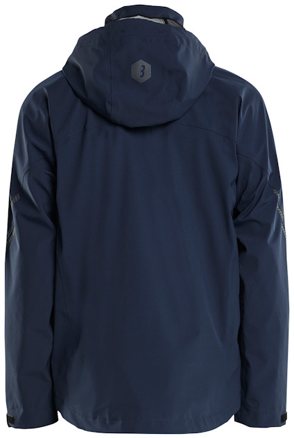 Don’t know who this is, but it shows a navy blue hooded jacket from the back, with a small reflective patch on the hood.