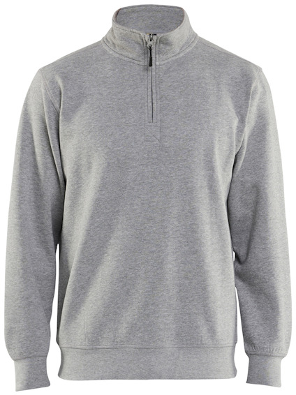 Gråmelerad sweatshirt med hög krage och dragkedja framtill, långa ärmar och elastiska ärmslut.