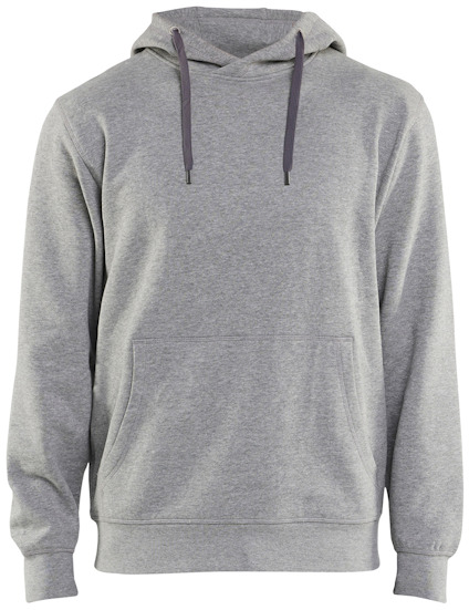 Gråmelerad hoodie med luva och dragsnören, framficka och långa ärmar.