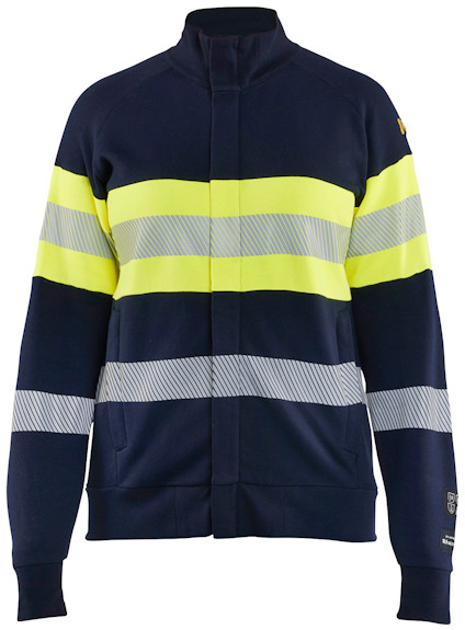 Marinblå och gul sweatshirt med reflekterande ränder och dragkedja.