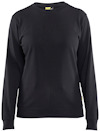 Svart sweatshirt med långa ärmar och ribbade muddar, etikett med logotyp nära halslinningen och nederkanten.