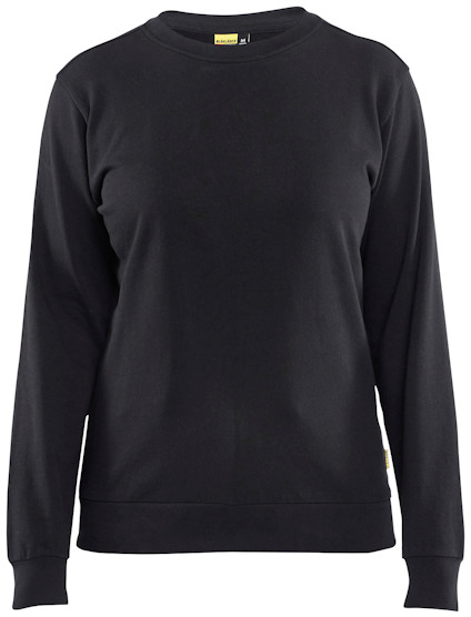 Svart sweatshirt med långa ärmar och ribbade muddar, etikett med logotyp nära halslinningen och nederkanten.