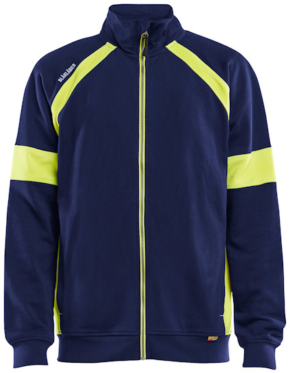 Mörkblå sweatshirt med gula detaljer och dragkedja fram. Textilmärket "Blåkläder" syns på vänster axel.