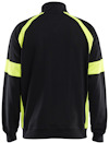 Svart jacka med neongula ränder på ärmarna och sidorna, sedd bakifrån.