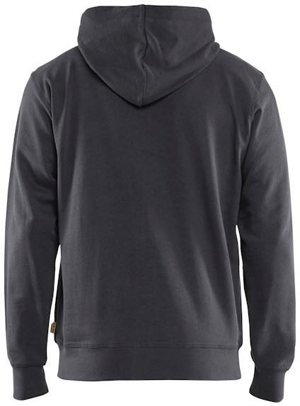 Svart hoodie med huva, sedd bakifrån. Inga synliga detaljer eller mönster.