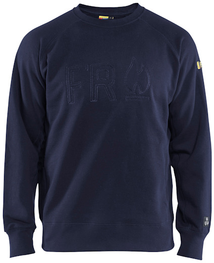 Marinblå tröja med texten "FR" och en flamsymbol i upphöjd design.