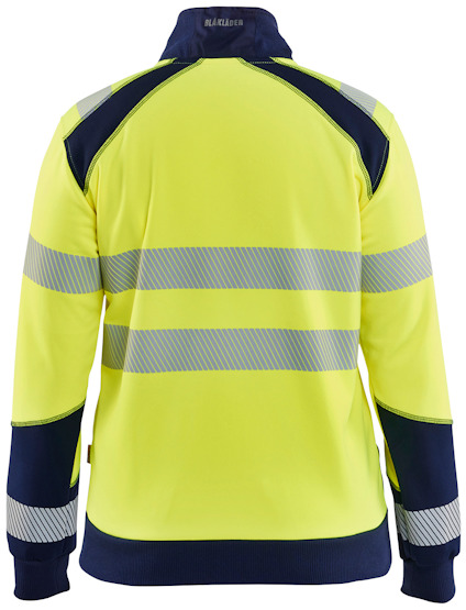 Neongul varseljacka med mörkblå detaljer och reflexband, sedd bakifrån.