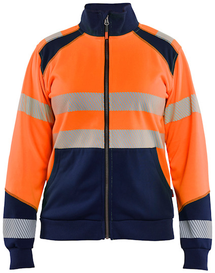Orange och marinblå tröja med dragkedja och reflekterande ränder.