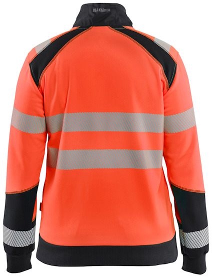 Orange och svart arbetströja med reflekterande ränder runt bröst och ärmar, sedd bakifrån.