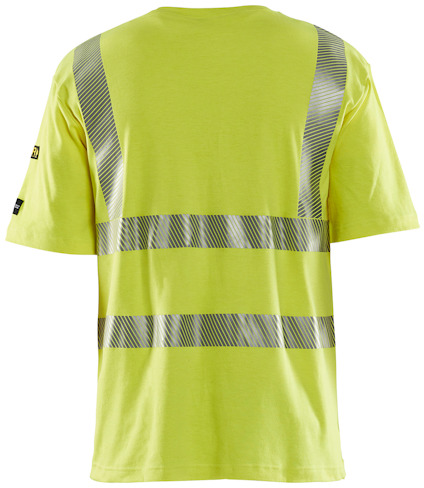 Gul t-shirt med grå reflexband i ett V-mönster och vågrät linje bak.
