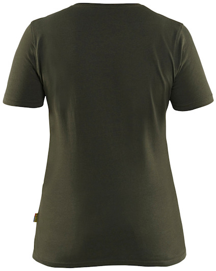 Olivgrön t-shirt sedd bakifrån med korta ärmar och rund halsringning.