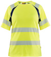 Kortärmad fluorescerande gul t-shirt med mörkblå detaljer och reflexband över axlar, ärmar och bröst.