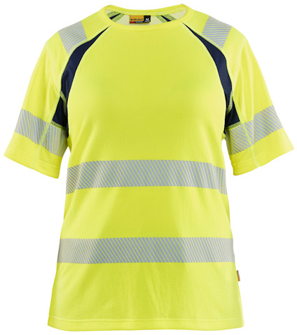 Kortärmad fluorescerande gul t-shirt med mörkblå detaljer och reflexband över axlar, ärmar och bröst.