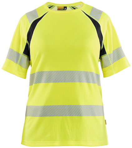 Gul och svart t-shirt med reflexränder runt bröst och ärmar.