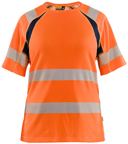 Orange och marinblå t-shirt med reflekterande ränder och korta ärmar.